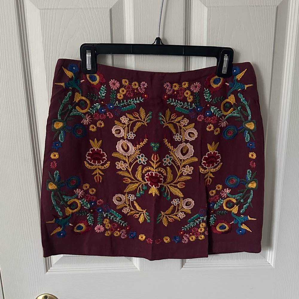 Boutique Embroidered Floral Skirt - Burgundy